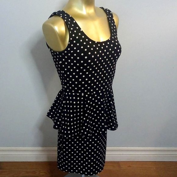 Black and White Polka Dot Peplum Dress - Picture 2 of 9